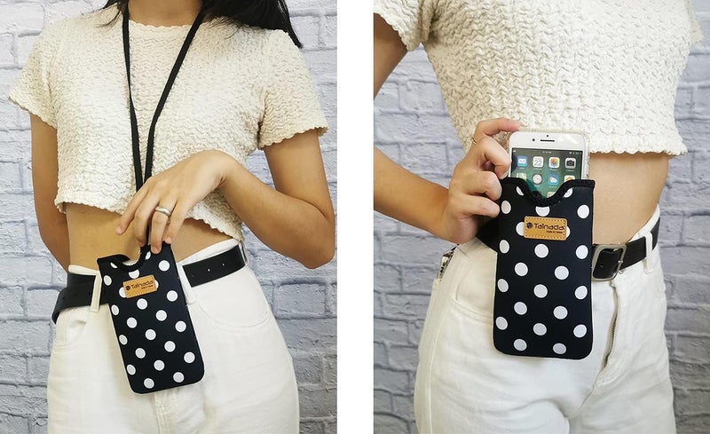 Tainada Men Women Neoprene Shockproof Phone Sleeve Pouch Carrying Case with Neck Lanyard, Belt Loop Holster for iPhone 17/16/15 Pro Max, 16/15/14 Plus; Samsung S25+, S24, A56 (Black White Polka Dots) - Image 2